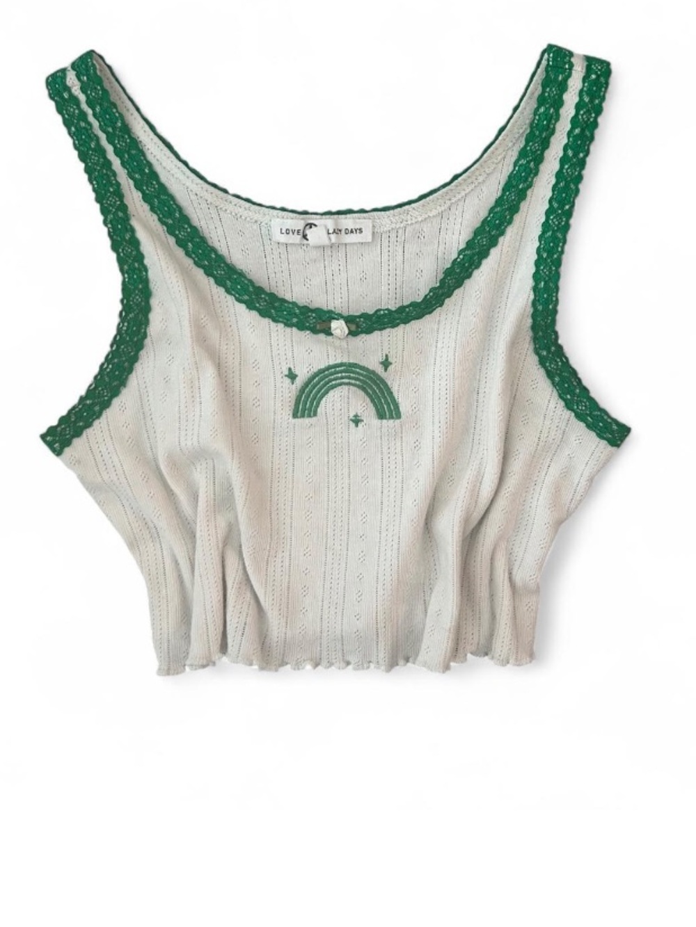Coquette Pointelle Lace Trim Crop Top Cami Rosette Detail Green + White XS